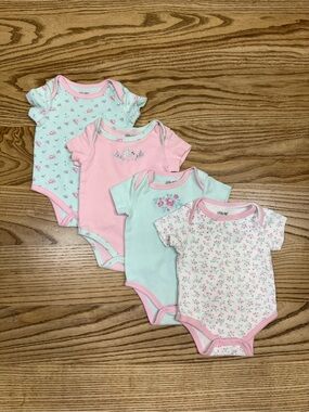Little Me Pink and Mint Floral Short-Sleeve Bodysuit Set